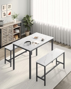 VASAGLE Masa de bar cu 2 banci, design industrial, 110x70x75 cm, alb marmura - Img 3