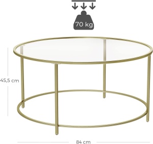 VASAGLE Masa de cafea rotunda, din sticla securizata cu cadru metalic, 84x84x45cm, auriu - Img 3