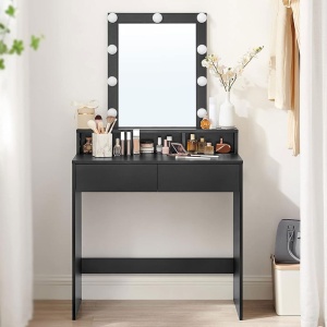 VASAGLE Masa de toaleta cu iluminare LED, cu oglinda, luminozitate reglabila, cu 2 sertare, 80x40x145cm, negru - Img 1