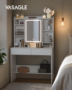 VASAGLE Masa de toaleta cu oglinda, iluminare LED reglabila, 2 sertare, 90x40x145cm, alb - Img 3