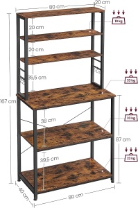 VASAGLE Raft de bucatarie cu spatiu pentru cuptorul cu microunde, 6 rafturi, otel, industrial, 40x80x167cm, maro retro si negru - Img 3