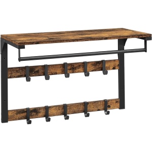 VASAGLE Raft de perete tip cuier, 10 carlige detasabile, sina pentru haine, 30x65x42cm, maro rustic si negru - Img 1