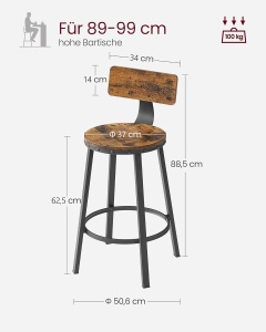VASAGLE Set de 2 scaune de bar inalte cu spatar, cadru din otel, industrial, 51x89cm, maro rustic - Img 3