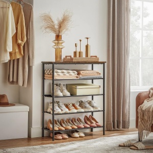 VASAGLE Suport pantofi 75x30x91 cm, 5 niveluri, rafturi textile si blat PAL, cadru metalic, maro rustic si negru - Img 2