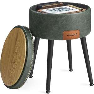 VASAGLE Taburet cu spatiu de depozitare, tapitat PU, cu 2 fete, diametru 32 cm, verde - Img 1