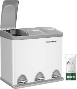 Cos gunoi colectare selectiva Songmics, 3 compartimente cu pedale, 24 L, alb‑gri
