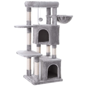 FEANDREA Ansamblu de joaca pisici, tip copac, 2 culcusuri, 2 ascunzatoare, 49x45x120 cm, gri