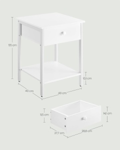 Noptiera alb mat Vasagle, 40 × 40 × 55 cm, cadru metalic, sertar + raft - Img 2