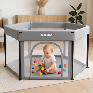 Parc pentru copii Tulano Cozy 30, pliabil, cu plasa respirabila si podea izolatoare, 122 × 122 × 67 cm, gri - Img 3