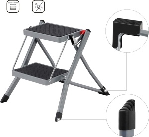 SONGMICS Scara pliabila cu 2 trepte, cauciuc antiderapant, cu maner, sarcina 150 kg, otel, 50x60x44cm, gri si negru - Img 4