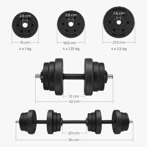 SONGMICS set gantere reglabile 2 in 1, 20 kg, cu bara extensie pentru haltera, discuri cu umplutura beton, negru - Img 4