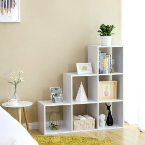 VASAGLE Biblioteca cu 6 compartimente, unitate de depozitare pentru decoratiuni, din lemn, 29x98x98cm, alb - Img 3