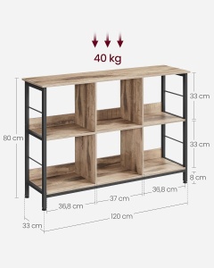 VASAGLE Biblioteca, raft cu 6 unitati de depozitare, din lemn, 33x120x80 cm, gri stejar - Img 3