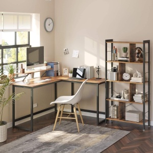 VASAGLE Birou in forma de L cu suport pentru monitor, cadru metalic, 140x130x76cm, maro rustic - Img 2