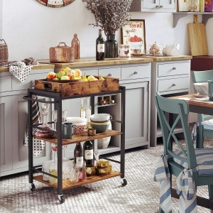 VASAGLE Carucior de servire pe roti pentru bucatarie, 3 polite, tava detasabila, stil industrial, 40x72x86cm, maro rustic - Img 3