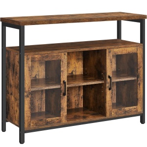 VASAGLE Comoda tip bufet, cu 2 usi cu sticla, rafuri reglabile, stil industrial, 100x35x80cm, maro rustic