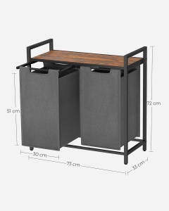VASAGLE Cos de rufe, 2 compartimente, saci de rufe detasabili, raft, cadru metalic, 2x46L, 73x33x72 cm, maro rustic si gri - Img 4