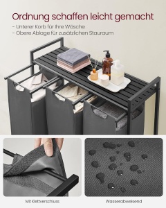 VASAGLE Cos de rufe, 3 compartimente, saci de rufe detasabili, raft, cadru metalic, 3x38L, 93x33x72 cm, negru - Img 4