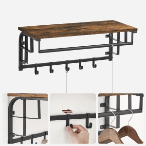 VASAGLE Cuier de perete cu raft de depozitare, 5 carlige detasabile, 30x66x27cm, maro rustic si negru - Img 3