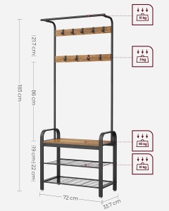 VASAGLE Cuier pentru haine, cu banc de depozitare a pantofilor, cu 9 carlige detasabile, o sina pentru haine, 34x72x183cm, industrial, nuc rustic si n - Img 3