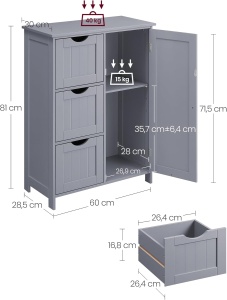 VASAGLE Dulap de baie, din MDF, cu 3 sertare, raft reglabil, 30x60x81cm, gri - Img 3