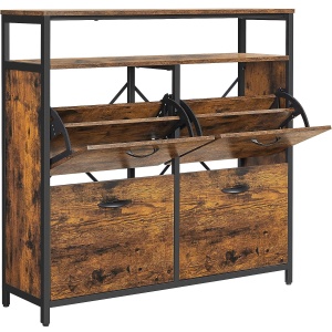 VASAGLE Dulap pantofi din MDF cu 4 usi basculante, pentru 12-20 perechi, 98x30x95cm, maro rustic si negru - Img 1