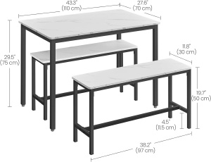 VASAGLE Masa de bar cu 2 banci, design industrial, 110x70x75 cm, alb marmura - Img 4