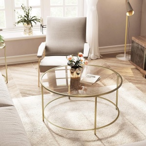 VASAGLE Masa de cafea rotunda, din sticla securizata cu cadru metalic, 84x84x45cm, auriu - Img 4