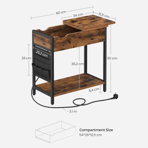 VASAGLE Masa laterala pliabila, tip noptiera, cu prize si porturi USB, raft si geanta din textil, 60x32x60 cm, maro rustic - Img 2