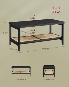 VASAGLE Masuta de cafea, din MDF, cu spatiu de depozitare pe 2 nivele, 55x100x45 cm, negru - Img 3