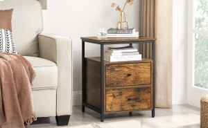 VASAGLE Noptiera cu compartiment deschis, 2 sertare, stil industrial, 45x45x60cm, maro rustic si negru - Img 2