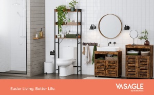 VASAGLE Raft de depozitare pentru baie, suprapunere peste masina spalat sau vas WC, 25x63x165 cm, maro - Img 3