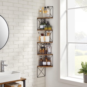 VASAGLE Raft de perete pentru colt, cadru otel cu 5 etaje din MDF, 20x20x128cm, maro rustic si negru - Img 4
