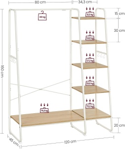 VASAGLE Raft pentru haine cu suport pentru pantofi, 5 polite, 6 carlige laterale, 45x120x160cm, alb - Img 4