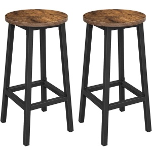 VASAGLE Set 2 scaune bar inalte, sezut rotund, cadru din otel, inaltime 65 cm, stil industrial, maro rustic si negru - Img 1