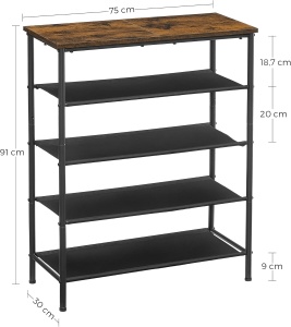 VASAGLE Suport pantofi 75x30x91 cm, 5 niveluri, rafturi textile si blat PAL, cadru metalic, maro rustic si negru - Img 3