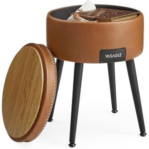 VASAGLE Taburet cu spatiu de depozitare, tapitat PU, cu 2 fete, diametru 32 cm, maro - Img 1