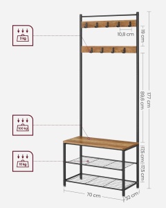 Cuier hol multifunctional Vasagle, 70 × 32 × 175 cm, maro - Img 3