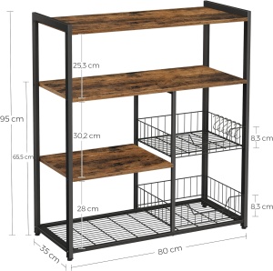(DL) VASAGLE Raft de bucatarie, suport pentru cuptorul cu microunde, 2 cosuri de sarma, 6 carlige S, 35x80x95cm, maro rustic - Img 3