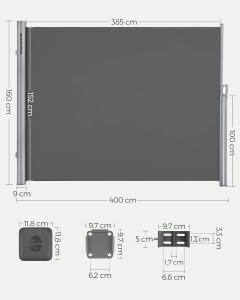 SONGMICS Paravan lateral pentru intimitate, extensibil, sistem fixare inclus, 160x400cm, gri - Img 2
