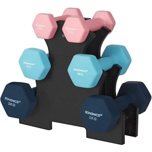 SONGMICS Set de 6 gantere hexagonale cu suport, 2x1 kg 2x2 kg 2x3 kg, multicolor - Img 1