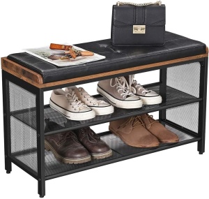 VASAGLE Banca pentru hol, cu raft suport de pantofi, sezut captusit imitatie piele, design industrial, 30x80x48cm, negru cu maro - Img 4
