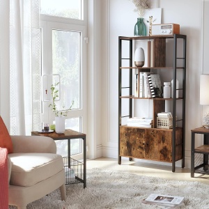 VASAGLE Biblioteca cu 4 rafturi si dulap inferior cu 2 usi, stil industrial, 74x30x155cm, maro rustic - Img 2