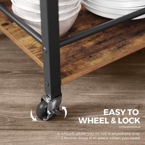 VASAGLE Carucior de servire pe roti pentru bucatarie, 3 polite, tava detasabila, stil industrial, 40x72x86cm, maro rustic - Img 4