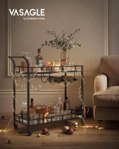 VASAGLE Carucior de servire pentru vin, suport sticle si pahare, cu 2 rafturi din sticla, 38x86x90 cm, negru - Img 2