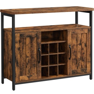 VASAGLE Comoda tip bufet, cu 2 usi si suport pentru sticle vin, stil industrial, 100x35x81cm, maro rustic si negru - Img 1