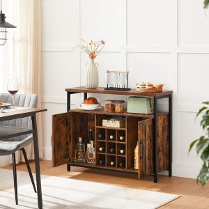 VASAGLE Comoda tip bufet, cu 2 usi si suport pentru sticle vin, stil industrial, 100x35x81cm, maro rustic si negru - Img 4