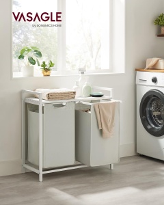 VASAGLE Cos de rufe, 2 compartimente, saci de rufe detasabili, raft, cadru metalic, 2x46L, 73x33x72 cm, alb - Img 2