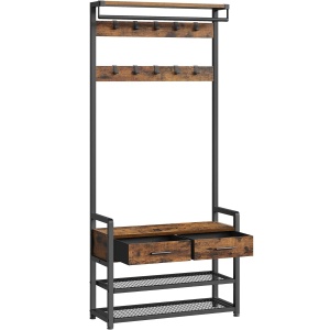 VASAGLE Cuier cu polite de depozitare pantofi si 2 sertare, cadru din otel, stil industrial, 30x80x182cm, maro rustic - Img 1