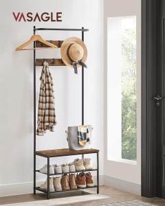 VASAGLE Cuier cu rafturi depozitare pantofi si bara suspendata, industrial, 32x64x180 cm, maro rustic si negru - Img 2